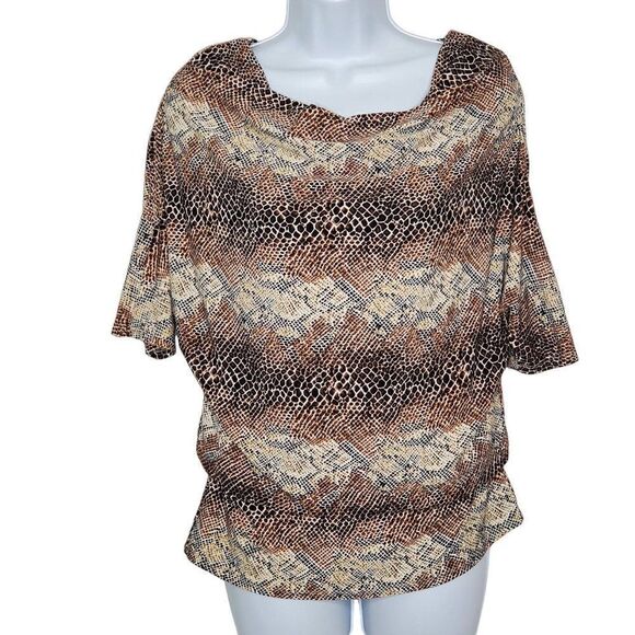 Kenar Snake Reptile Print Blouse Shirt Short Cap Sleeve Sz S Brown Black - Picture 1 of 7